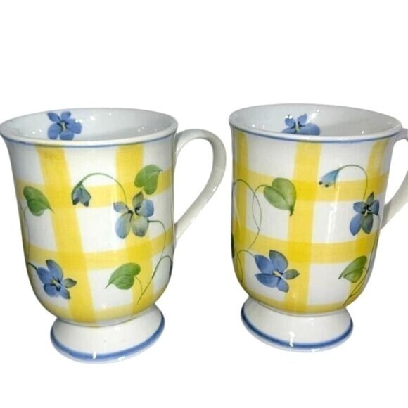 Andrea By Sadek Floral Yellow Checkered Ceramic Mugs Set Of 2 - Picture 1 of 6